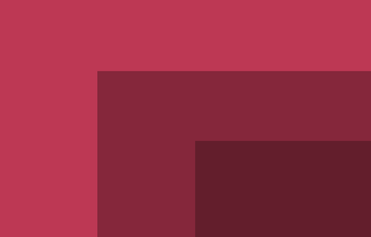 Square with three overlapping squares display with different tones of red. Lightest red to darkest red from upper left to lower right corner.